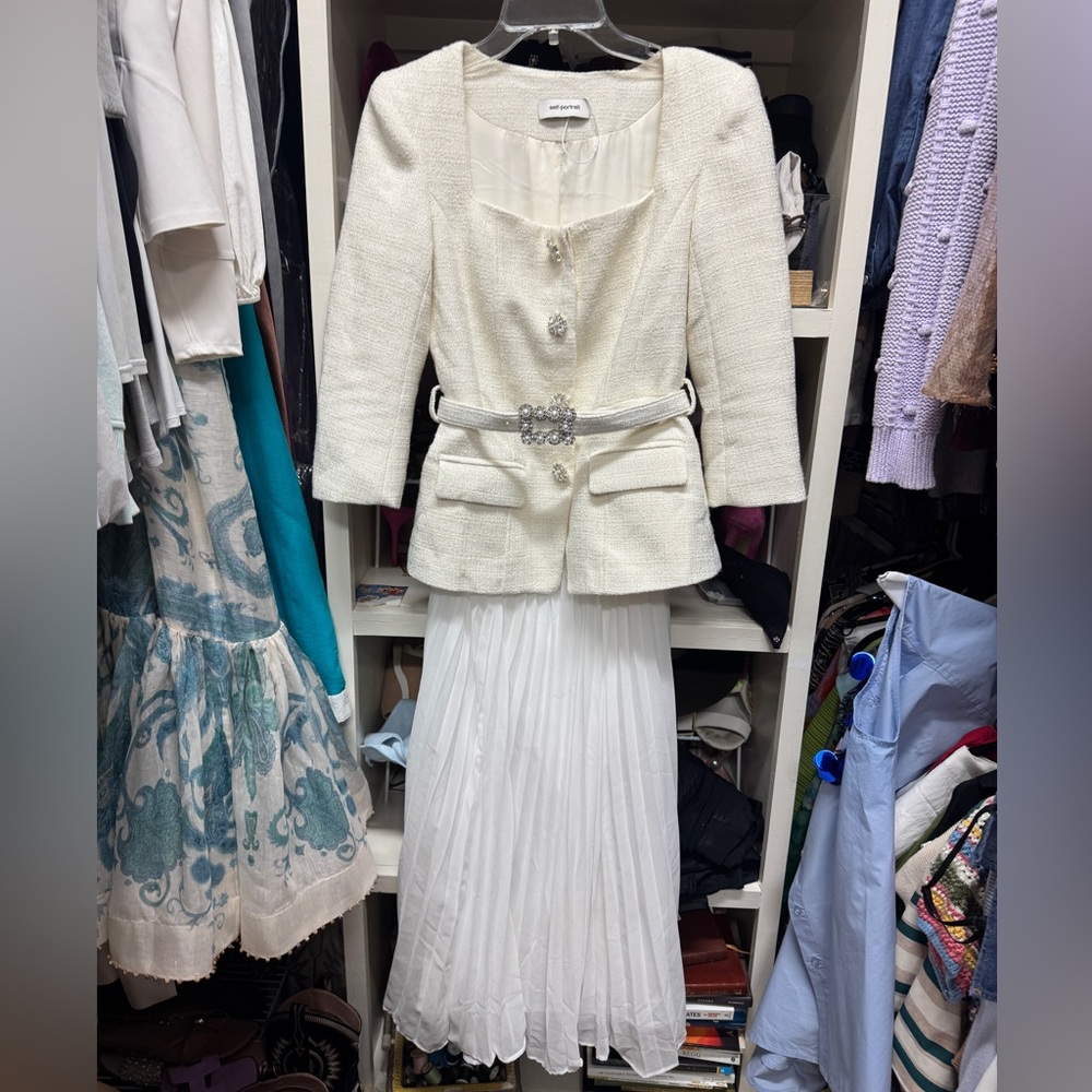 Self-Portrait Cream and White Embellished Pleated Midi Dress